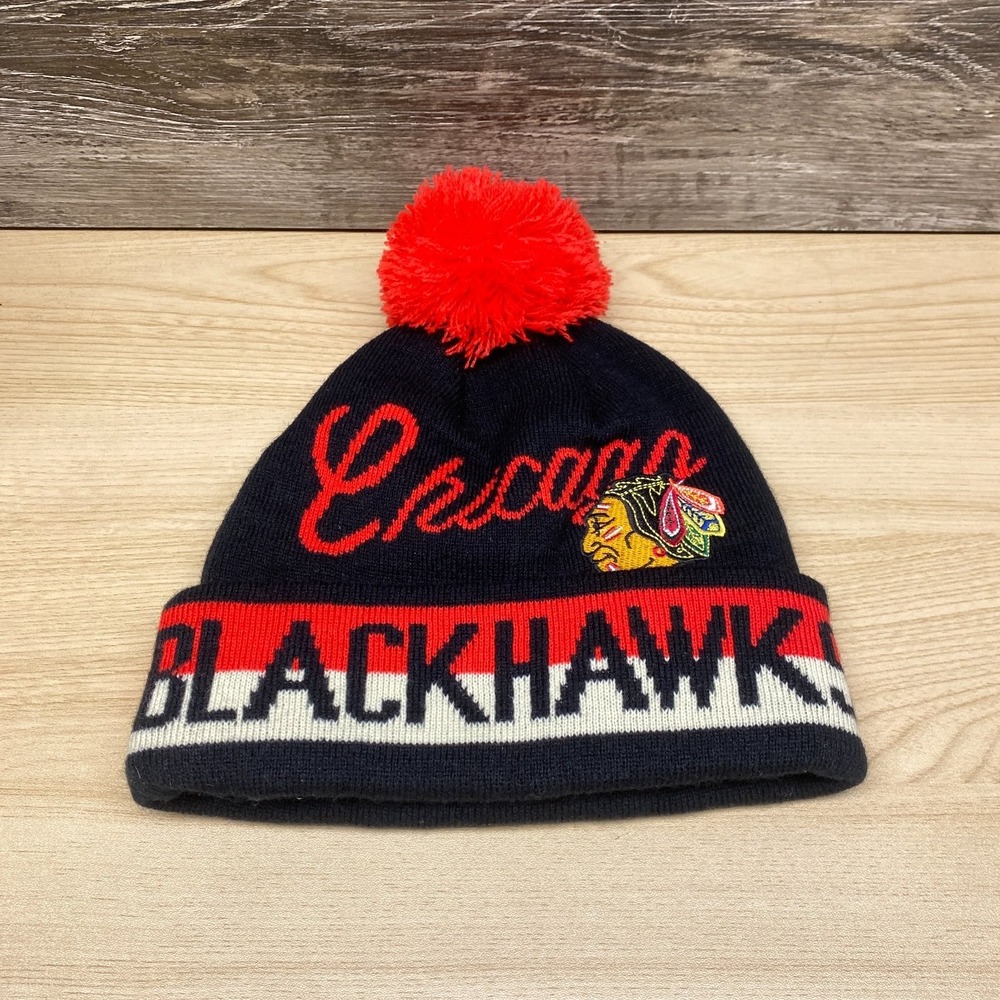 Chicago Blackhawks Hat Cap Beanie Knit Black Red NHL Hockey Pom Boys CCM